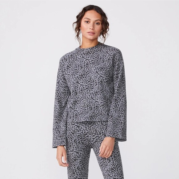 Monrow Women Gray Leopard Print Cotton Cashmere Mock Neck Sweater M - Picture 1 of 5